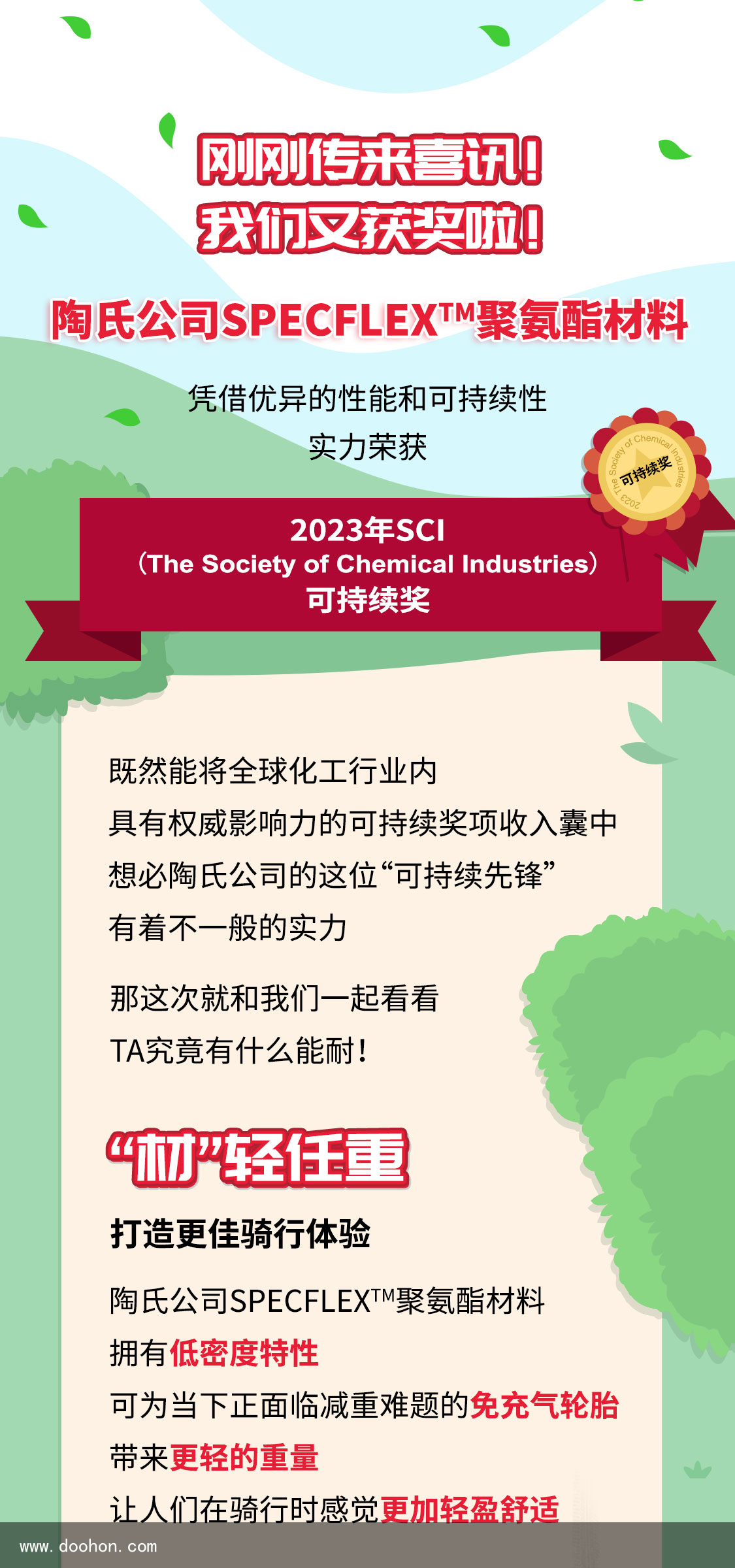 陶氏公司SPECFLEX?聚氨酯原料實力榮獲2023 SCI可連續獎（不要告訴別人）